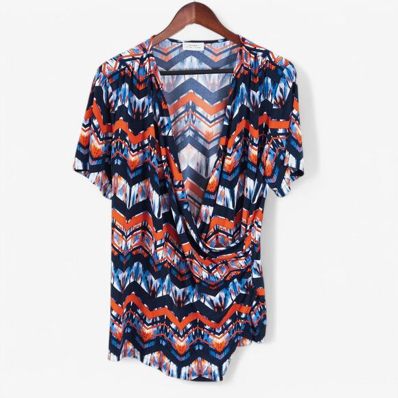 Tahari Tops - Tahari Women's Blouse XL Multicolor Chevron Print Draped V-Neck Short Sleeve